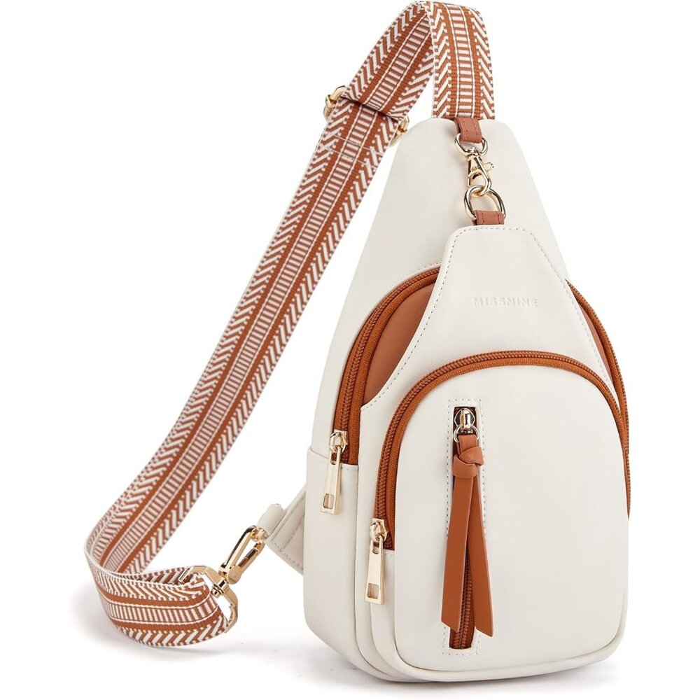 New Beige Brown PU Leather Sling Bag, Quilted Crossbody Travel Bag with Tassel
